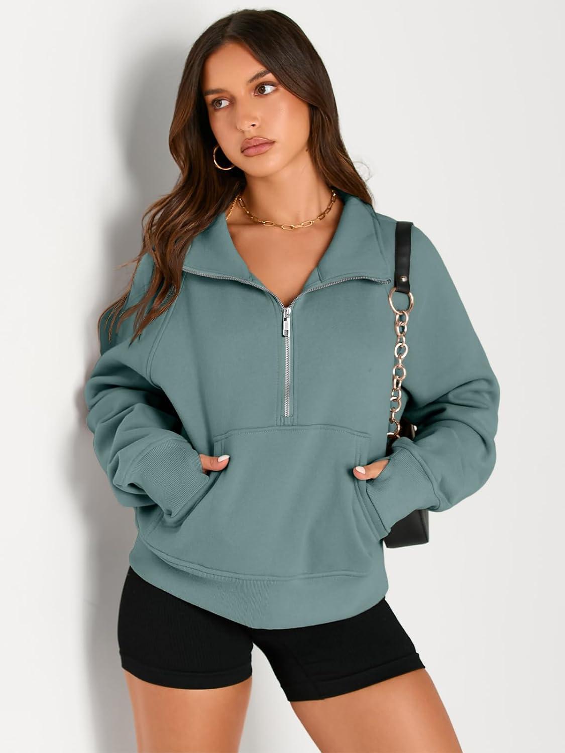 imageAUTOMET Womens Sweatshirts Half Zip Cropped Pullover Fleece Quarter Zipper Hoodies 2025 Fall Fashion Outfits ClothesGreen