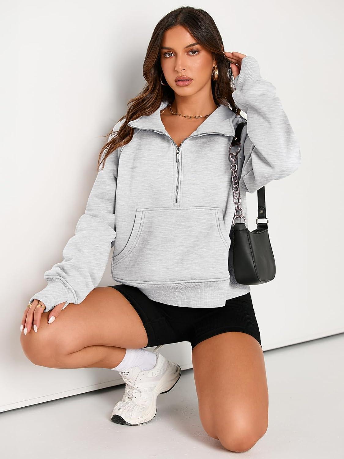 imageAUTOMET Womens Sweatshirts Half Zip Cropped Pullover Fleece Quarter Zipper Hoodies 2025 Fall Fashion Outfits ClothesGrey