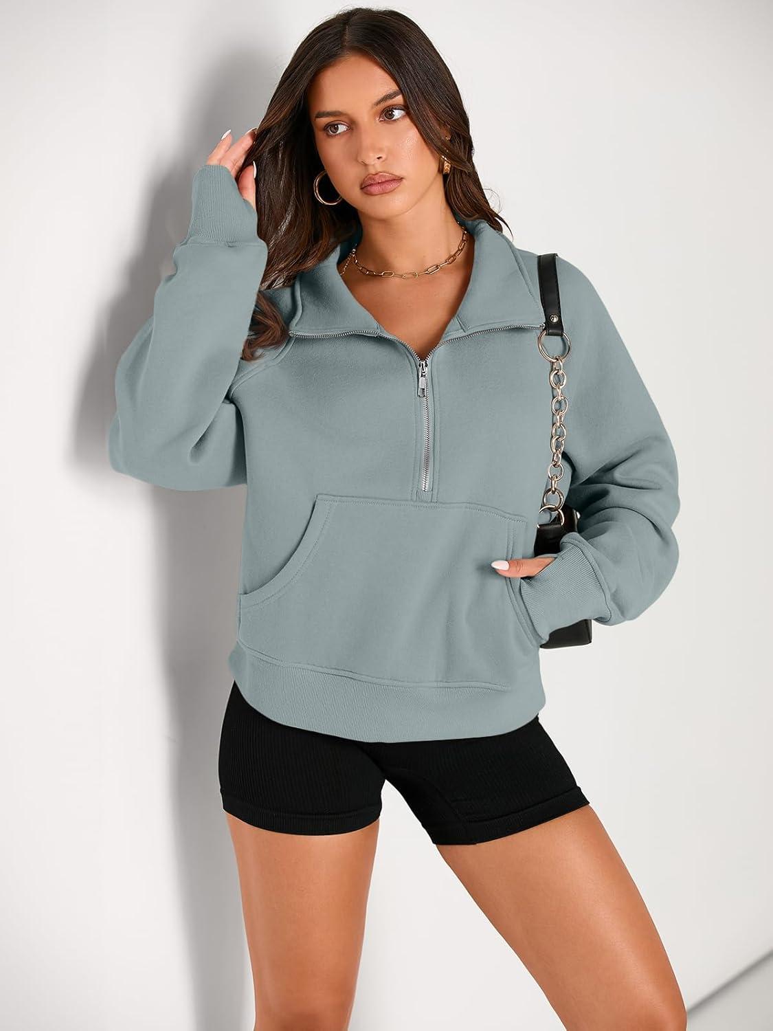 imageAUTOMET Womens Sweatshirts Half Zip Cropped Pullover Fleece Quarter Zipper Hoodies 2025 Fall Fashion Outfits ClothesGreygreen