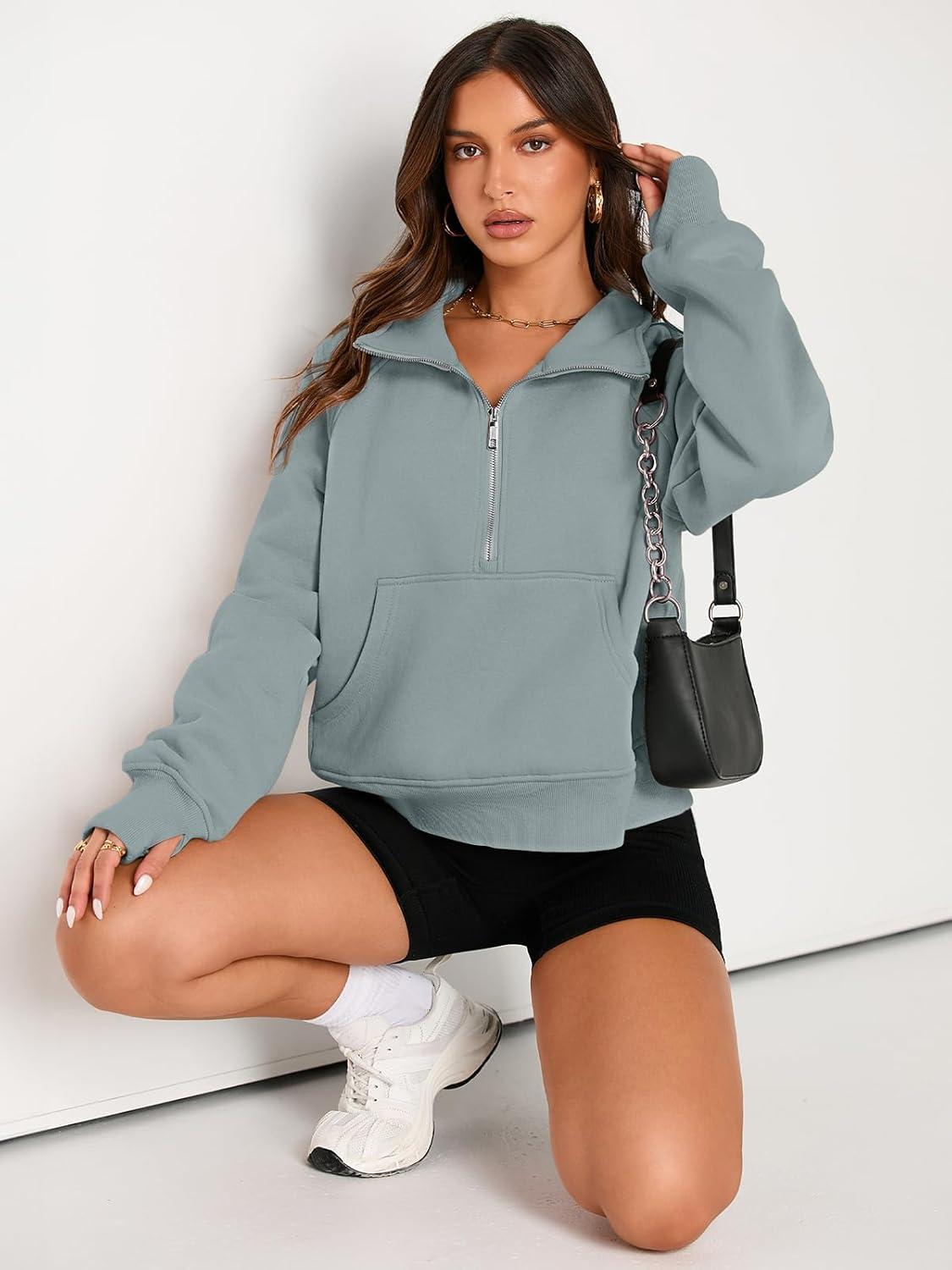 imageAUTOMET Womens Sweatshirts Half Zip Cropped Pullover Fleece Quarter Zipper Hoodies 2025 Fall Fashion Outfits ClothesGreygreen