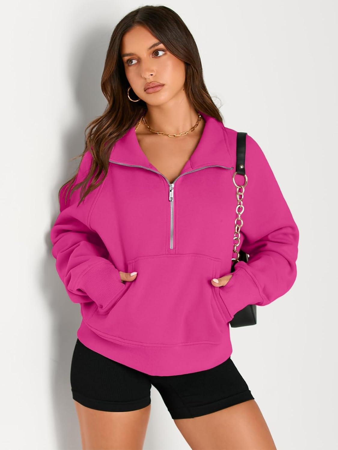imageAUTOMET Womens Sweatshirts Half Zip Cropped Pullover Fleece Quarter Zipper Hoodies 2025 Fall Fashion Outfits ClothesHotpink