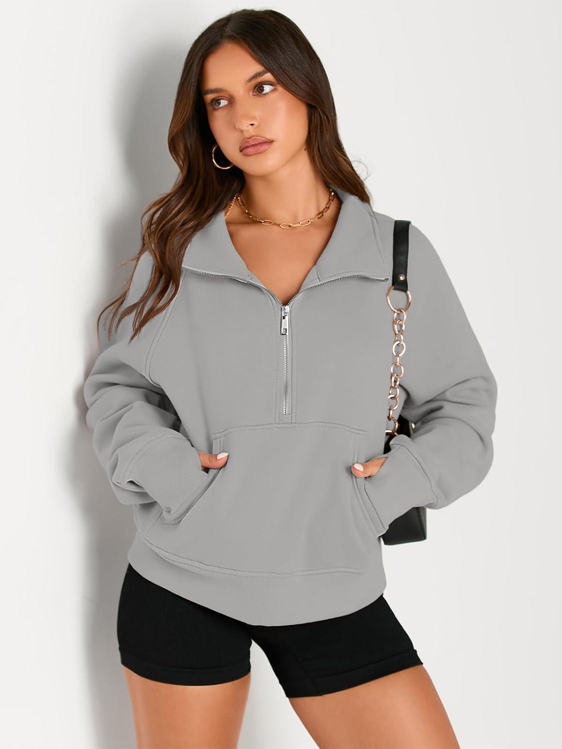 imageAUTOMET Womens Sweatshirts Half Zip Cropped Pullover Fleece Quarter Zipper Hoodies 2025 Fall Fashion Outfits ClothesLight Grey