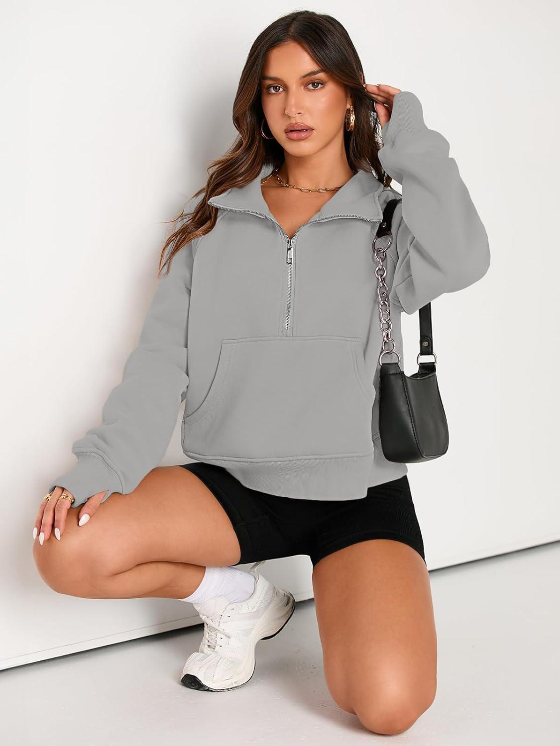 imageAUTOMET Womens Sweatshirts Half Zip Cropped Pullover Fleece Quarter Zipper Hoodies 2025 Fall Fashion Outfits ClothesLight Grey