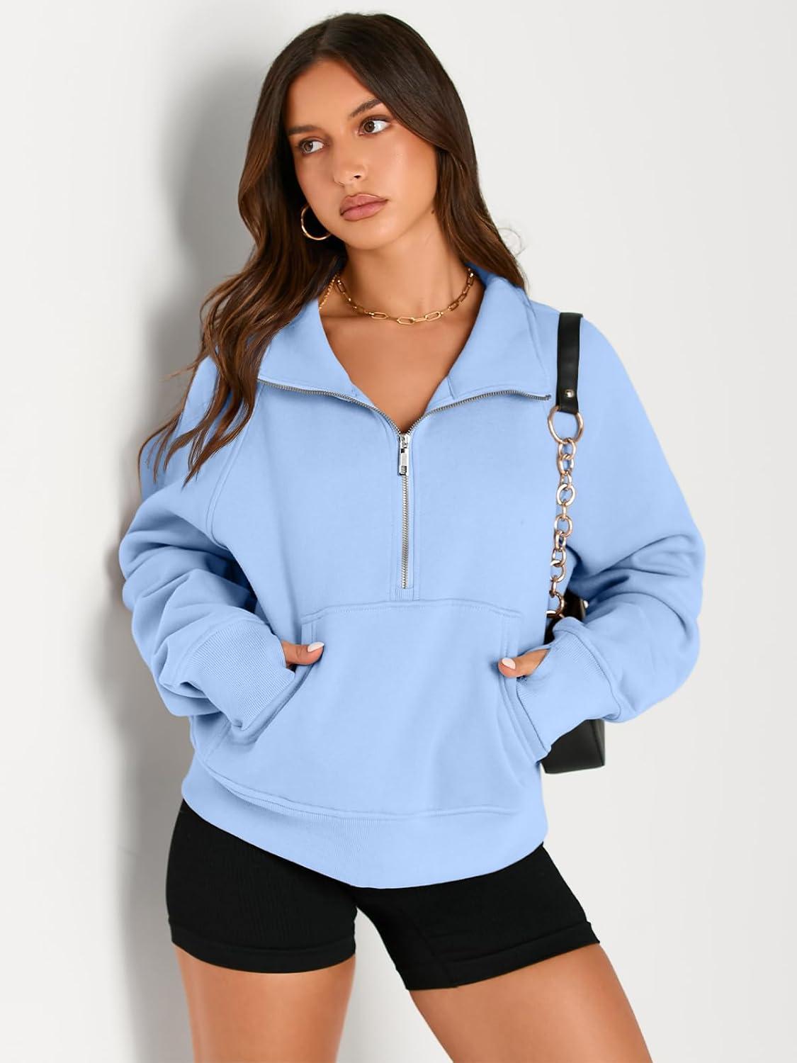 imageAUTOMET Womens Sweatshirts Half Zip Cropped Pullover Fleece Quarter Zipper Hoodies 2025 Fall Fashion Outfits ClothesLightblue
