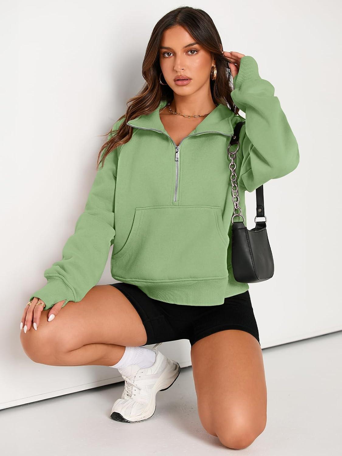 imageAUTOMET Womens Sweatshirts Half Zip Cropped Pullover Fleece Quarter Zipper Hoodies 2025 Fall Fashion Outfits ClothesLightgreen
