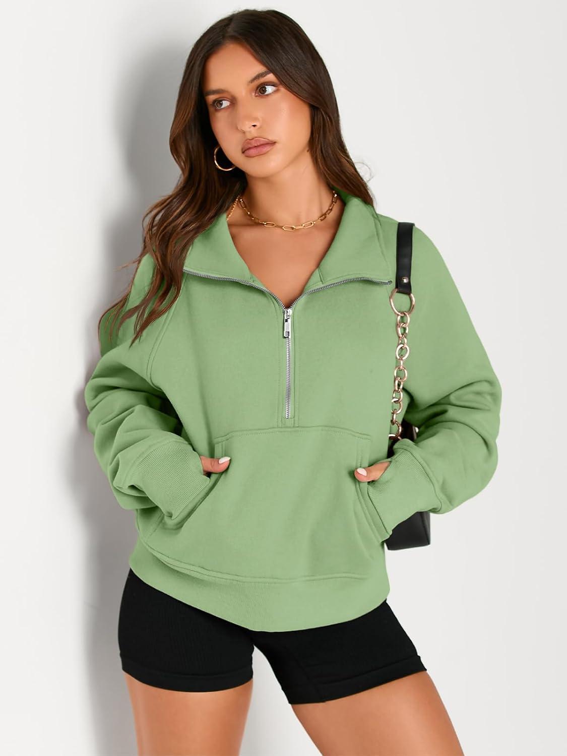imageAUTOMET Womens Sweatshirts Half Zip Cropped Pullover Fleece Quarter Zipper Hoodies 2025 Fall Fashion Outfits ClothesLightgreen