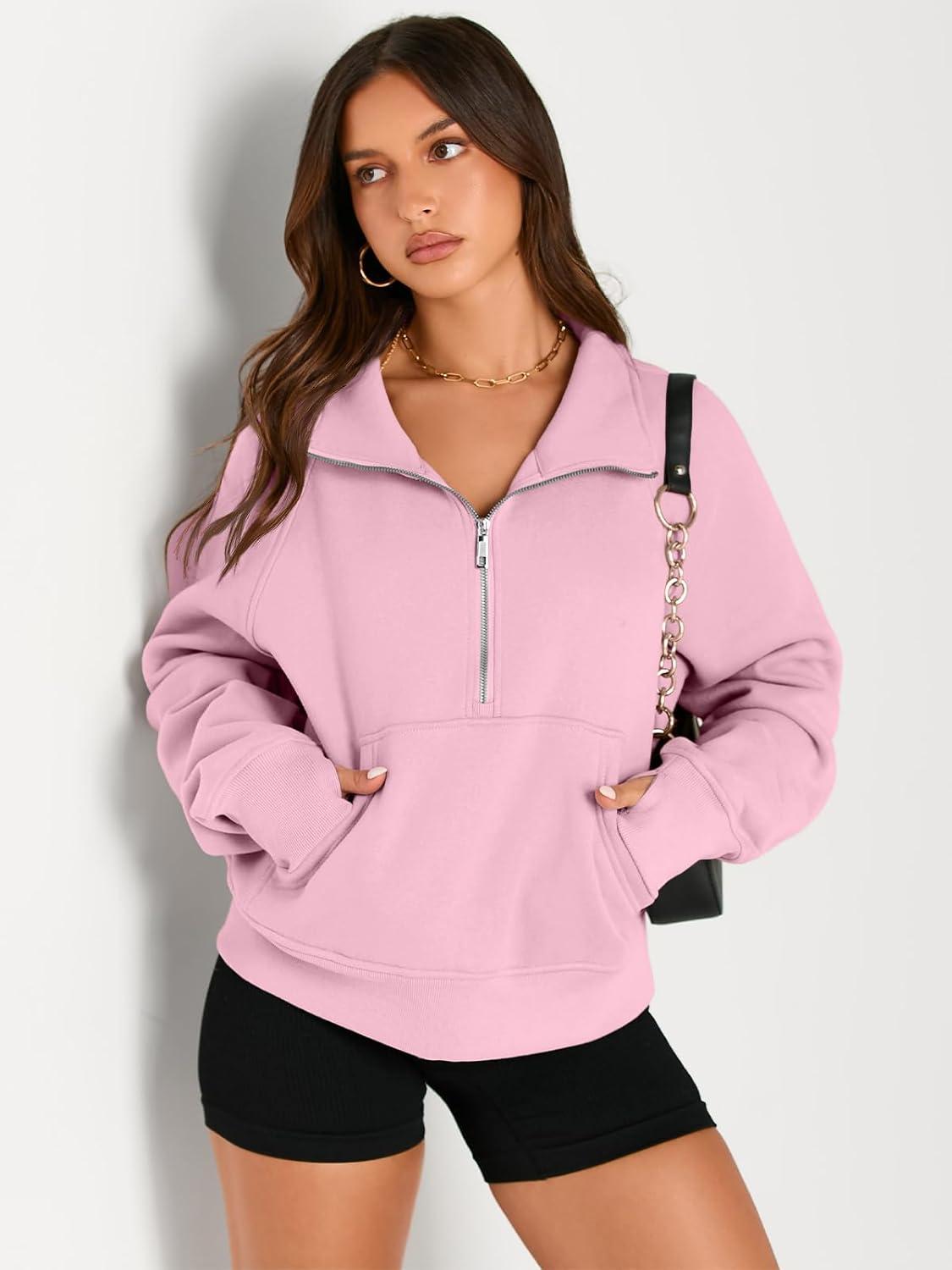 imageAUTOMET Womens Sweatshirts Half Zip Cropped Pullover Fleece Quarter Zipper Hoodies 2025 Fall Fashion Outfits ClothesLightpink