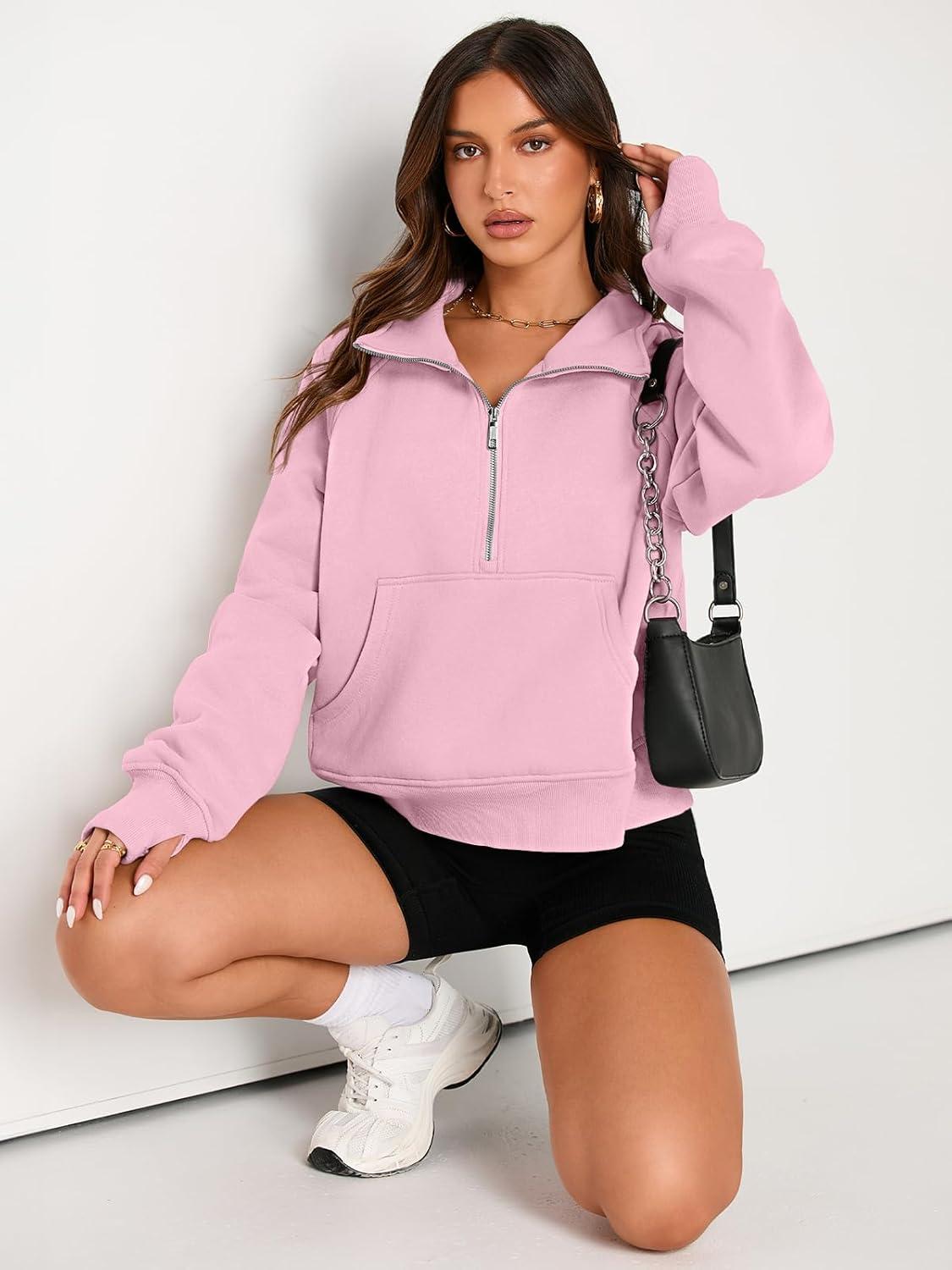 imageAUTOMET Womens Sweatshirts Half Zip Cropped Pullover Fleece Quarter Zipper Hoodies 2025 Fall Fashion Outfits ClothesLightpink