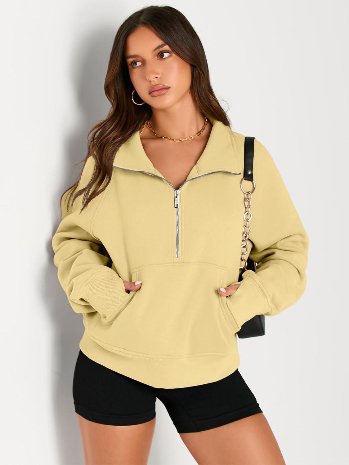 imageAUTOMET Womens Sweatshirts Half Zip Cropped Pullover Fleece Quarter Zipper Hoodies 2025 Fall Fashion Outfits ClothesLightyellow