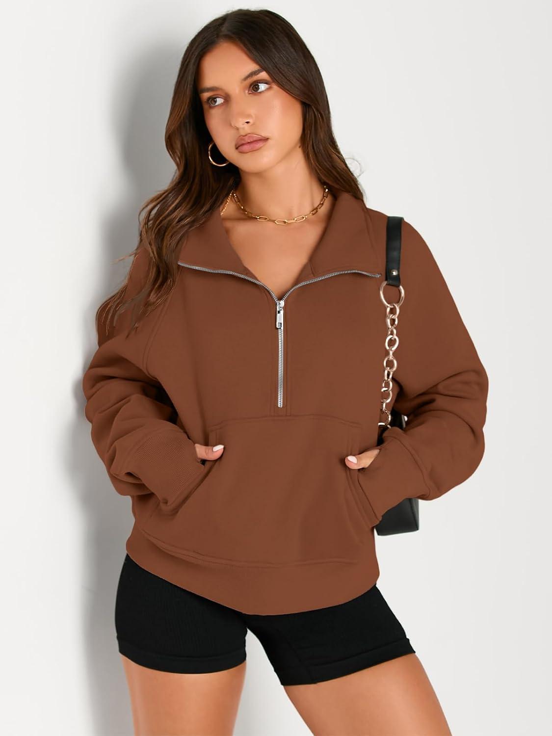 imageAUTOMET Womens Sweatshirts Half Zip Cropped Pullover Fleece Quarter Zipper Hoodies 2025 Fall Fashion Outfits ClothesMaple