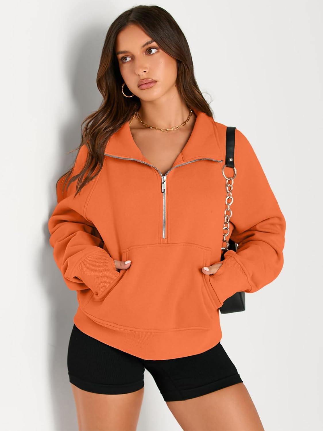 imageAUTOMET Womens Sweatshirts Half Zip Cropped Pullover Fleece Quarter Zipper Hoodies 2025 Fall Fashion Outfits ClothesOrange