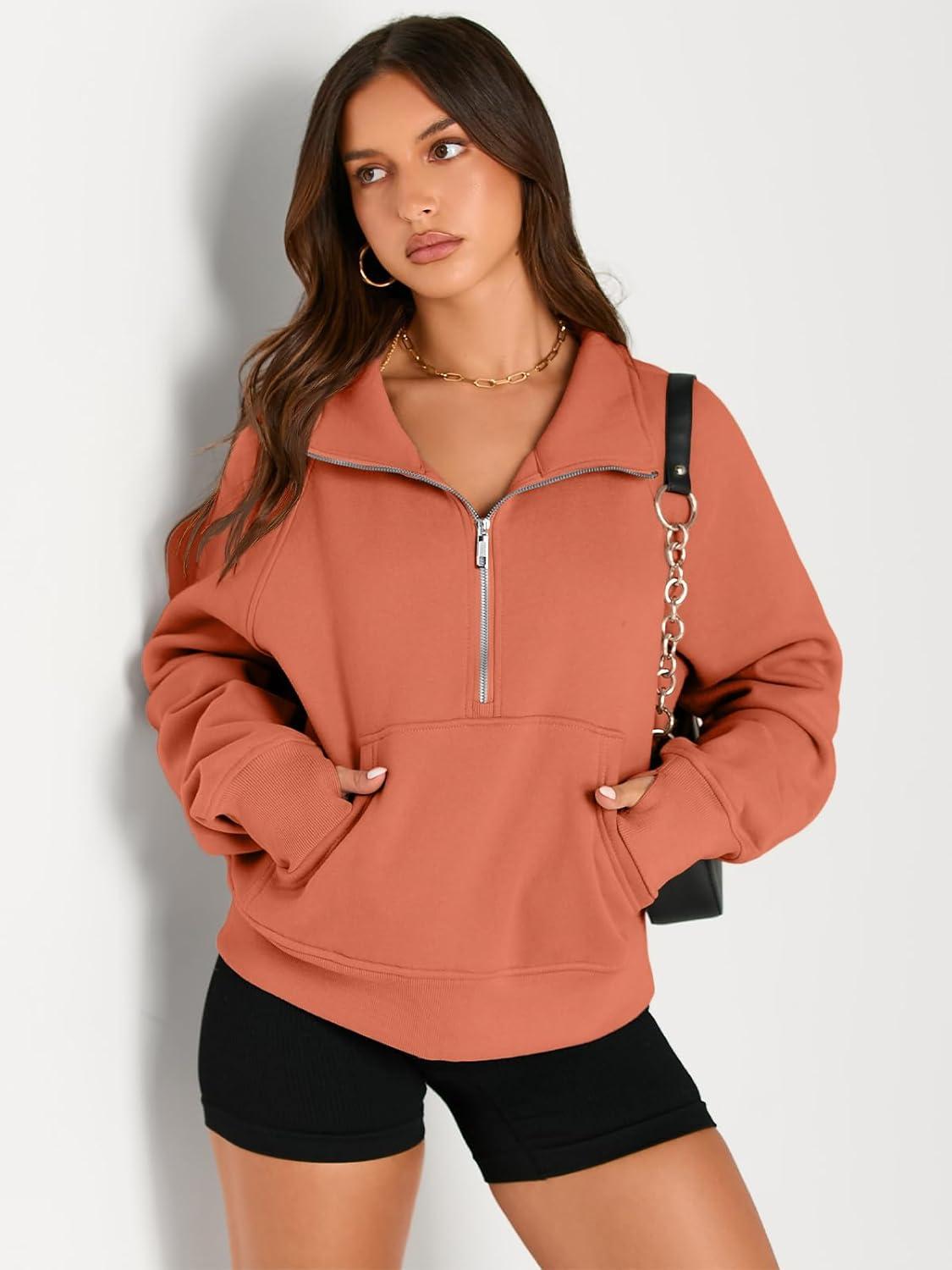 imageAUTOMET Womens Sweatshirts Half Zip Cropped Pullover Fleece Quarter Zipper Hoodies 2025 Fall Fashion Outfits ClothesOrangepink