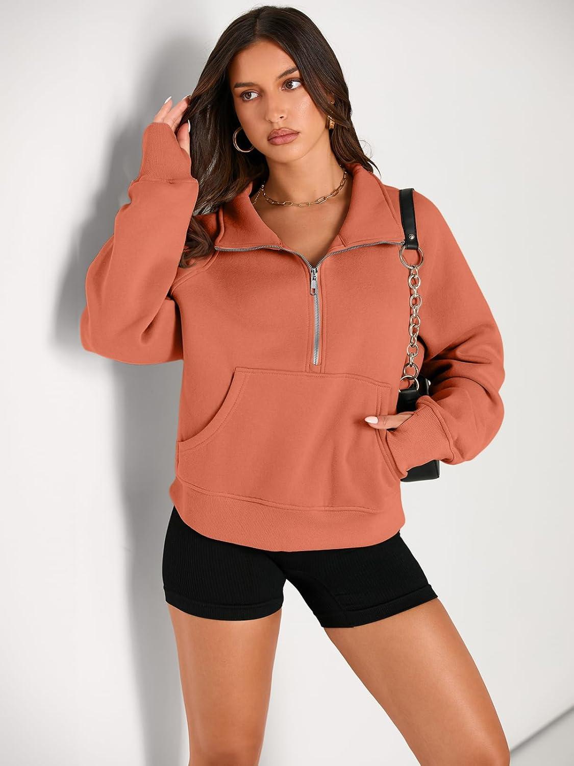 imageAUTOMET Womens Sweatshirts Half Zip Cropped Pullover Fleece Quarter Zipper Hoodies 2025 Fall Fashion Outfits ClothesOrangepink