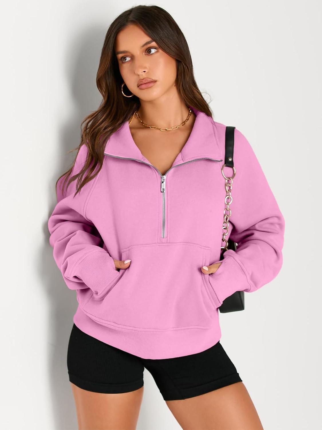 imageAUTOMET Womens Sweatshirts Half Zip Cropped Pullover Fleece Quarter Zipper Hoodies 2025 Fall Fashion Outfits ClothesPink