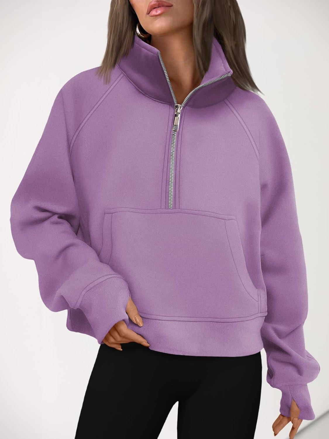 imageAUTOMET Womens Sweatshirts Half Zip Cropped Pullover Fleece Quarter Zipper Hoodies 2025 Fall Fashion Outfits ClothesPurple