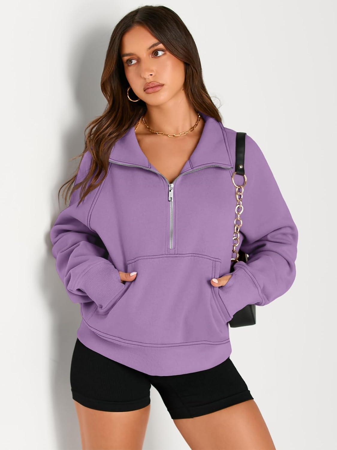 imageAUTOMET Womens Sweatshirts Half Zip Cropped Pullover Fleece Quarter Zipper Hoodies 2025 Fall Fashion Outfits ClothesPurple