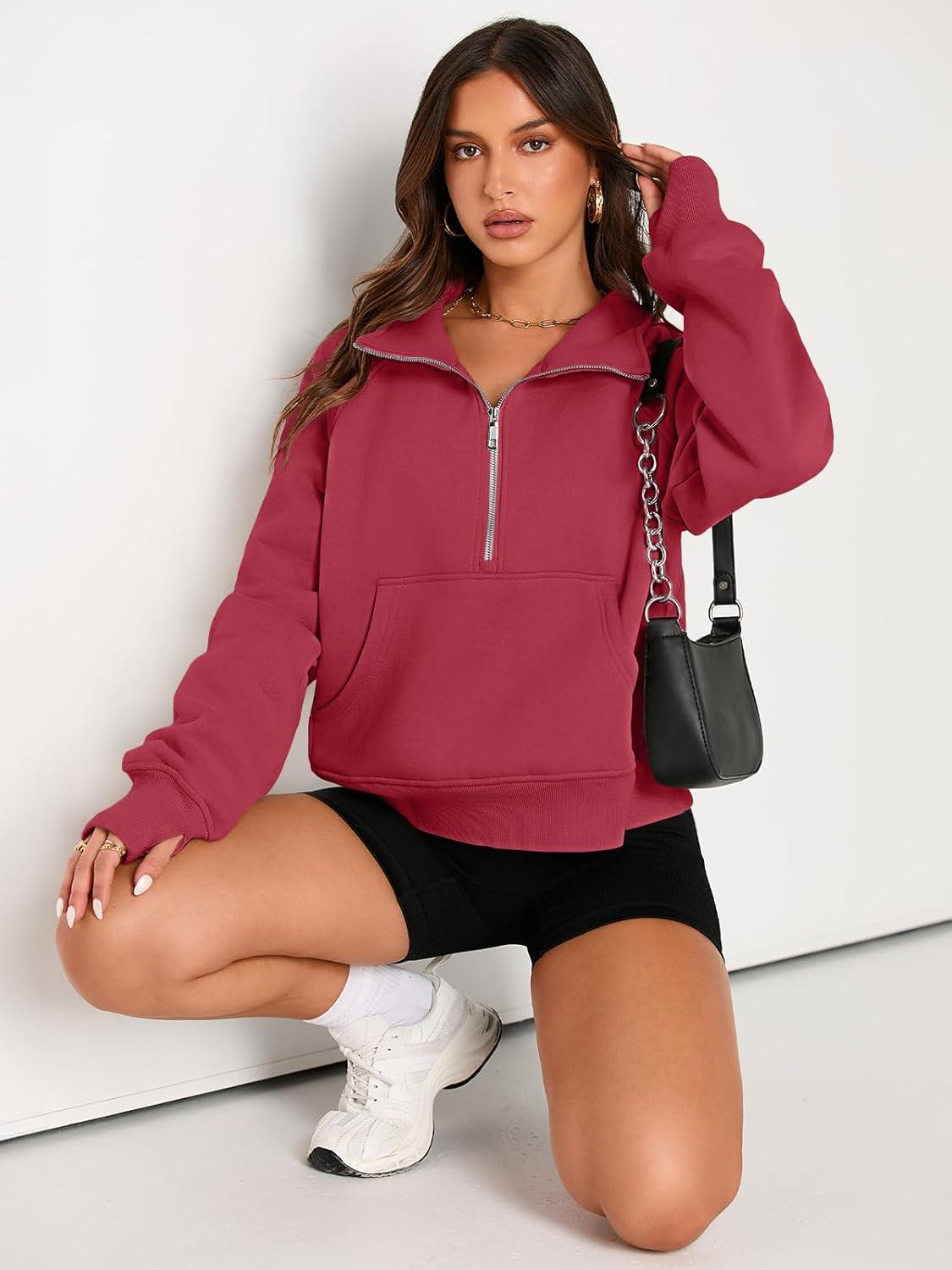 imageAUTOMET Womens Sweatshirts Half Zip Cropped Pullover Fleece Quarter Zipper Hoodies 2025 Fall Fashion Outfits ClothesRed