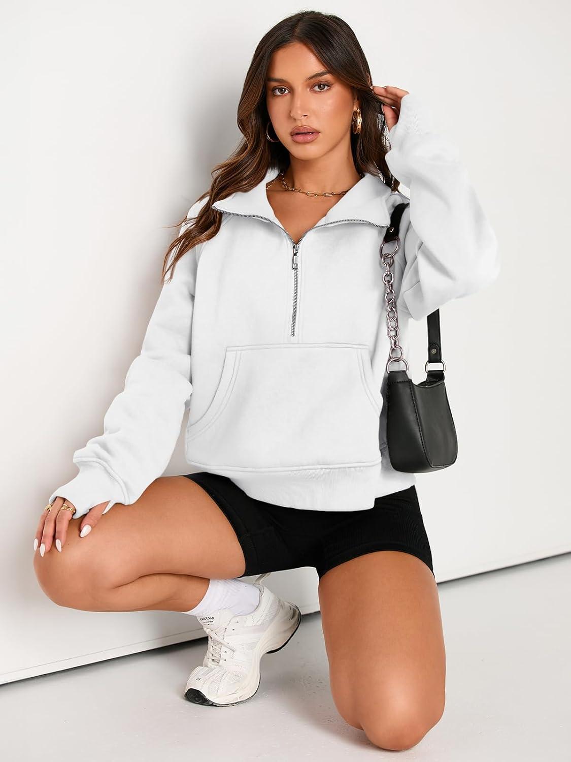 imageAUTOMET Womens Sweatshirts Half Zip Cropped Pullover Fleece Quarter Zipper Hoodies 2025 Fall Fashion Outfits ClothesWhite