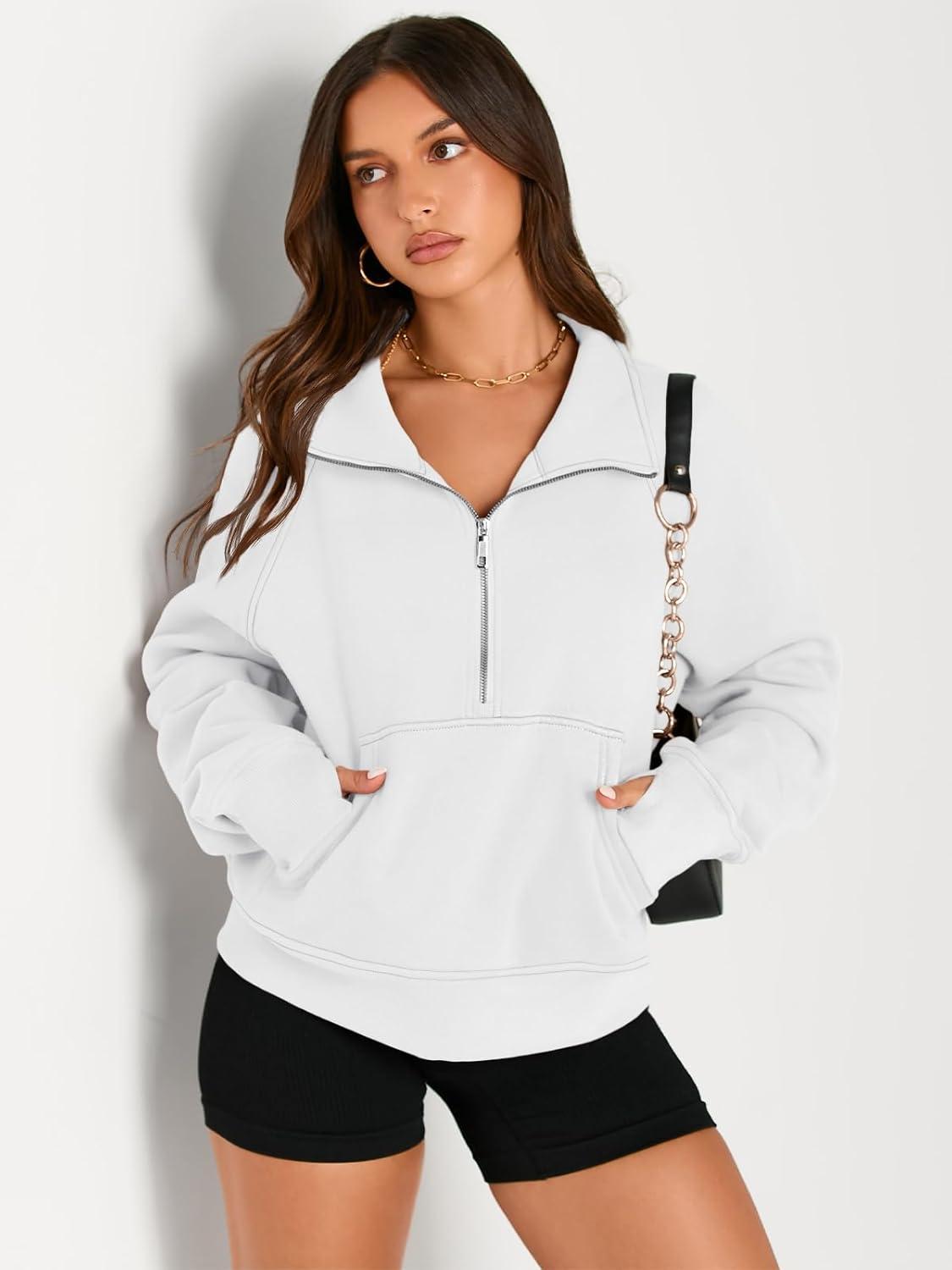 imageAUTOMET Womens Sweatshirts Half Zip Cropped Pullover Fleece Quarter Zipper Hoodies 2025 Fall Fashion Outfits ClothesWhite