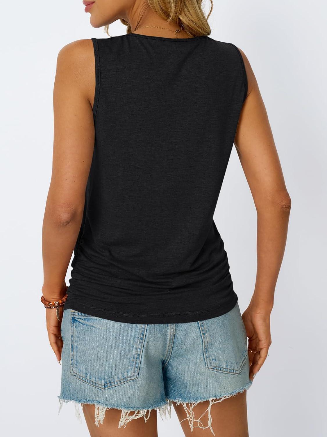 imageAUTOMET Womens Tank Tops 2025 Sleeveless Square Round Neck Ruched Spring Summer Tee Shirts Basic Outfits Trendy ClothesBlack