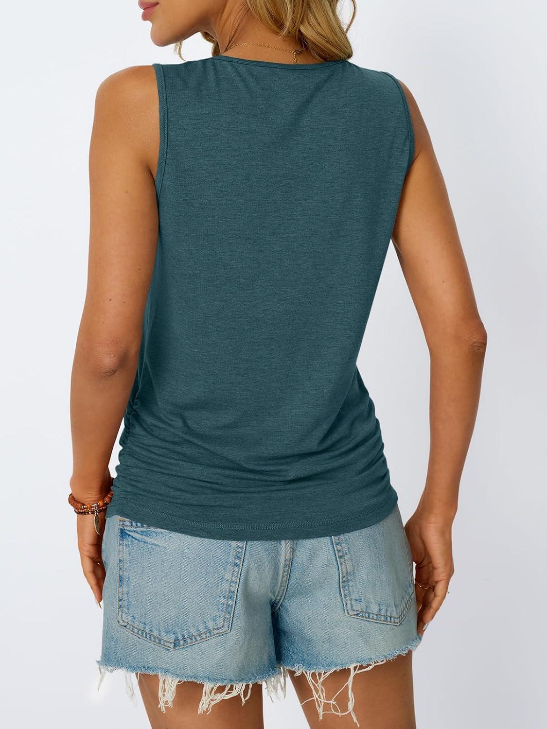 imageAUTOMET Womens Tank Tops 2025 Sleeveless Square Round Neck Ruched Spring Summer Tee Shirts Basic Outfits Trendy ClothesDarkgreen