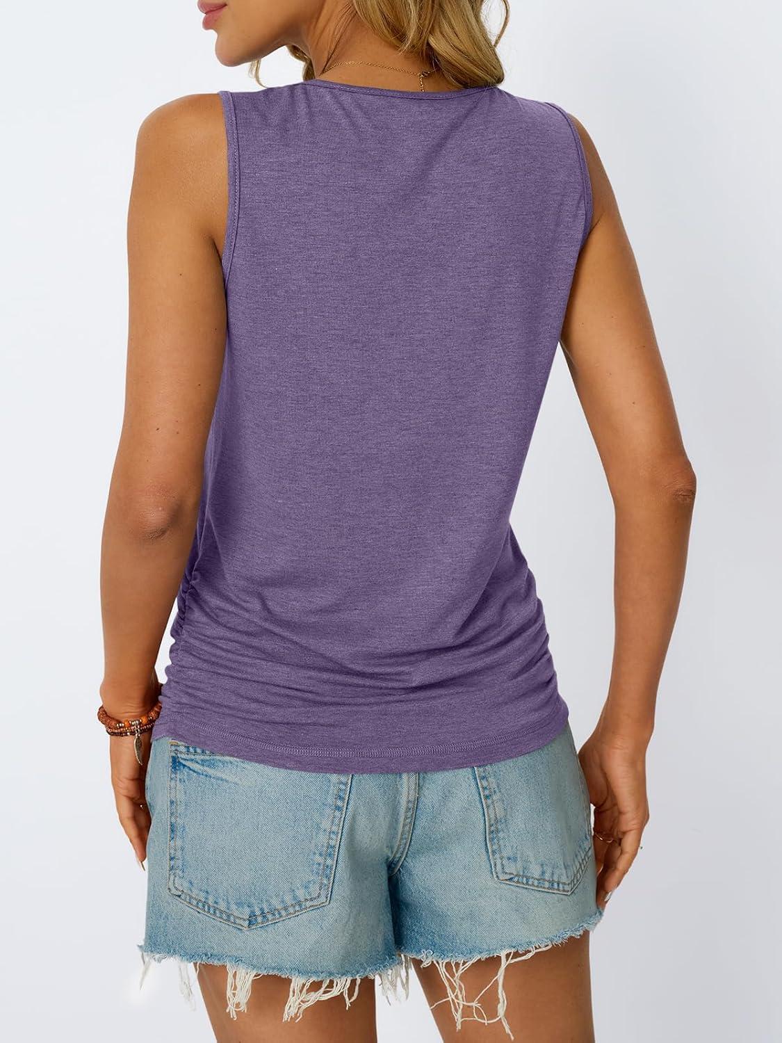 imageAUTOMET Womens Tank Tops 2025 Sleeveless Square Round Neck Ruched Spring Summer Tee Shirts Basic Outfits Trendy ClothesGreypurple