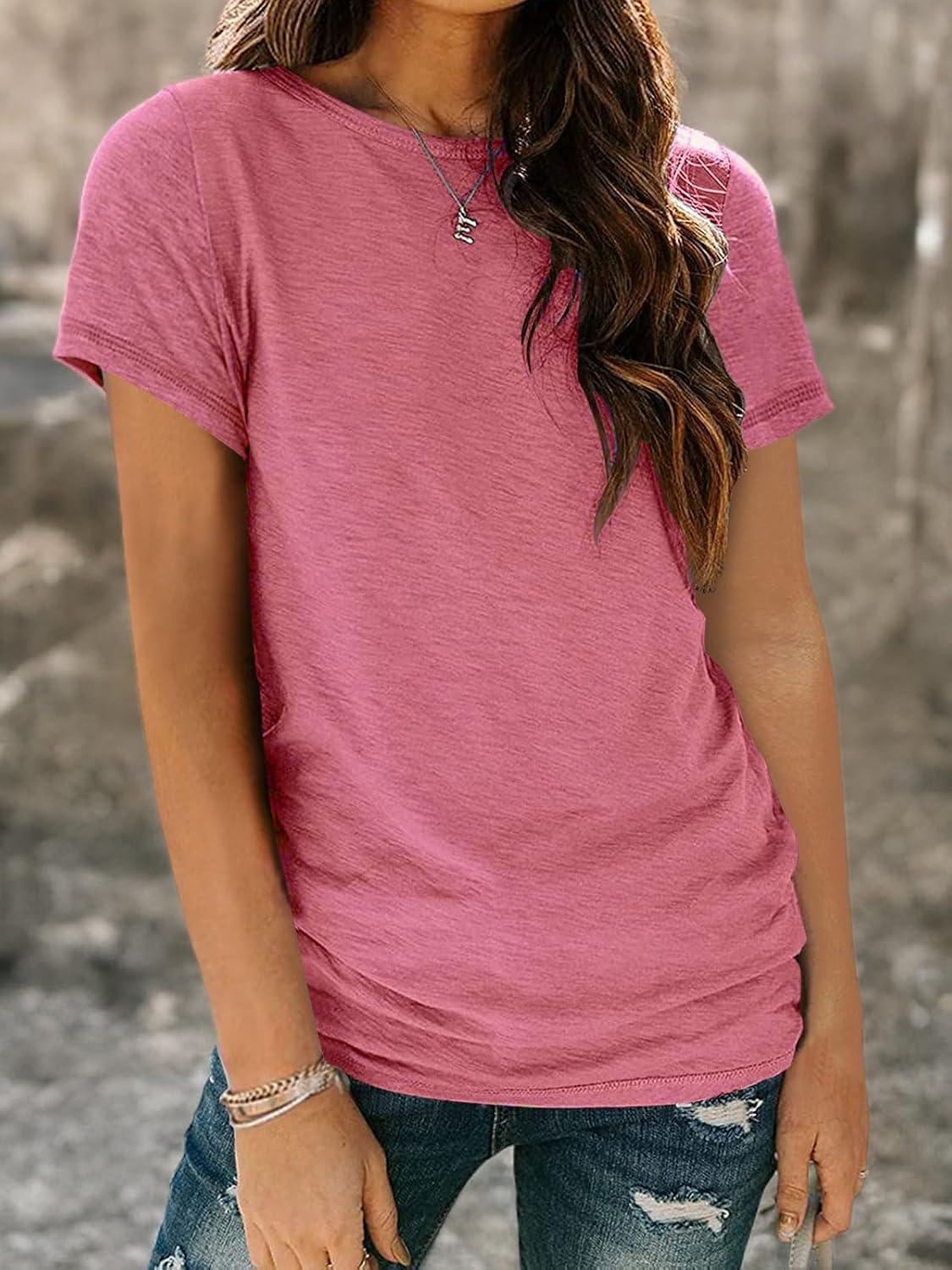 imageAUTOMET Womens Tops Shorts Sleeve Shirts for Summer Spring Beach Vacation Plus Size Oversized Casual Tee for Teen Girls 202502hotpink