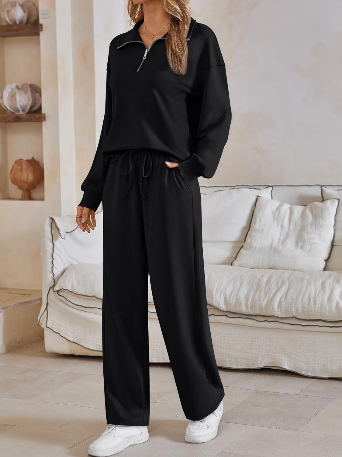 imageAUTOMET Womens Track Suits Set Sweatsuits Two Piece Outfits Lounge Sets Half Zip Lapel Sweatshirts Fall Fashion ClothesBlack