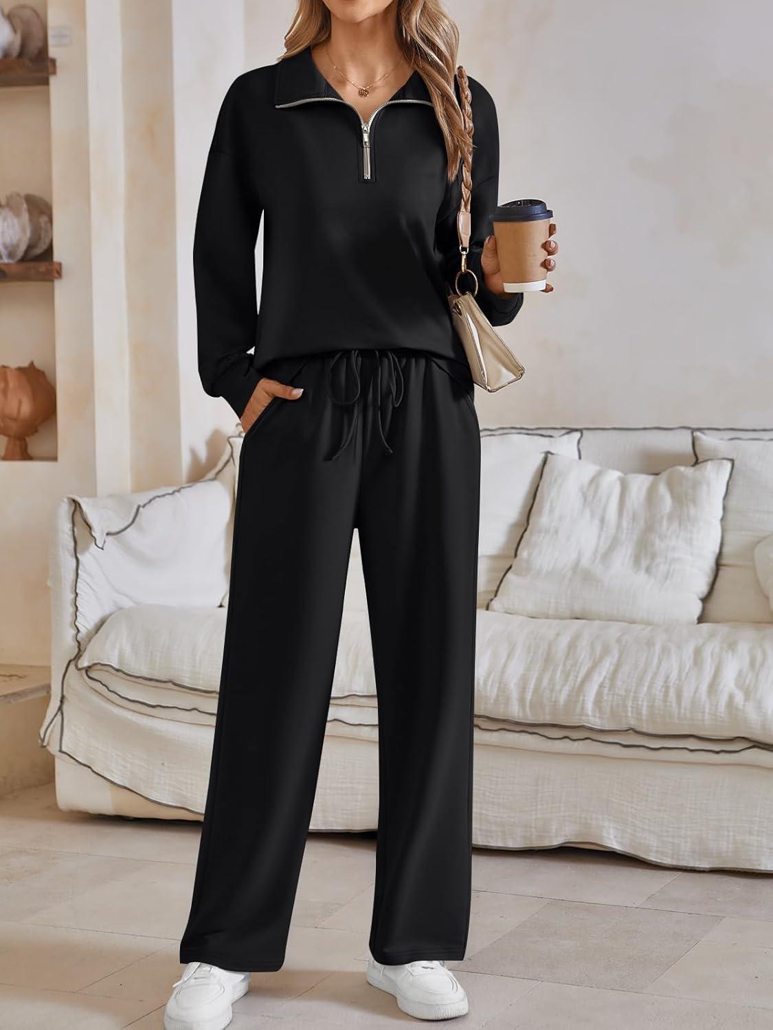 imageAUTOMET Womens Track Suits Set Sweatsuits Two Piece Outfits Lounge Sets Half Zip Lapel Sweatshirts Fall Fashion ClothesBlack