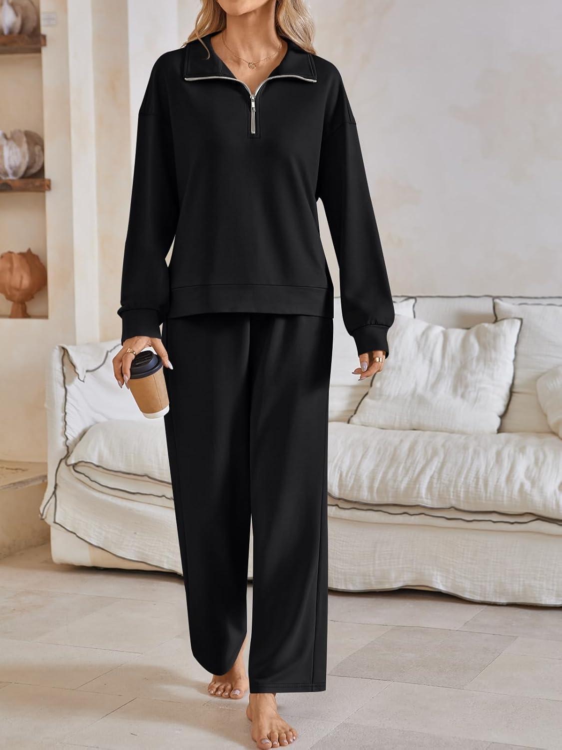 imageAUTOMET Womens Track Suits Set Sweatsuits Two Piece Outfits Lounge Sets Half Zip Lapel Sweatshirts Fall Fashion ClothesBlack