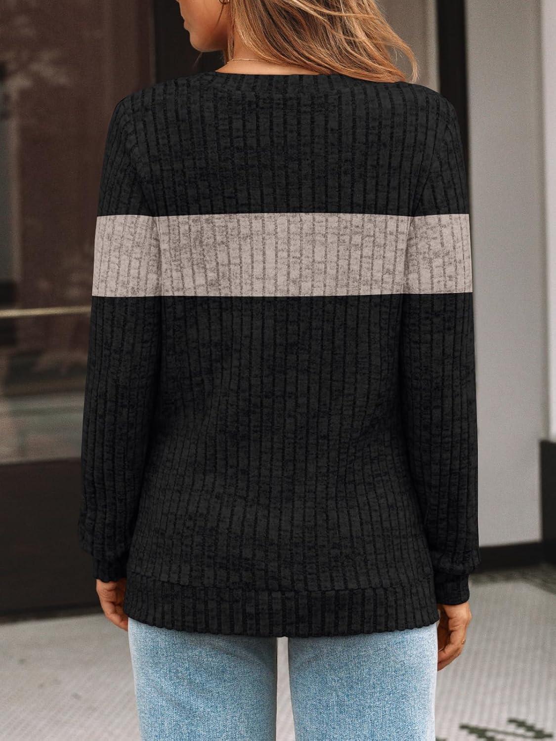 imageAUTOMET Womens V Neck Long Sleeve Shirt Fall Fashion Tops Tunic Dressy Casual Sweater Clothes Cute Trendy Work Outfits 2025Black Coffee Block