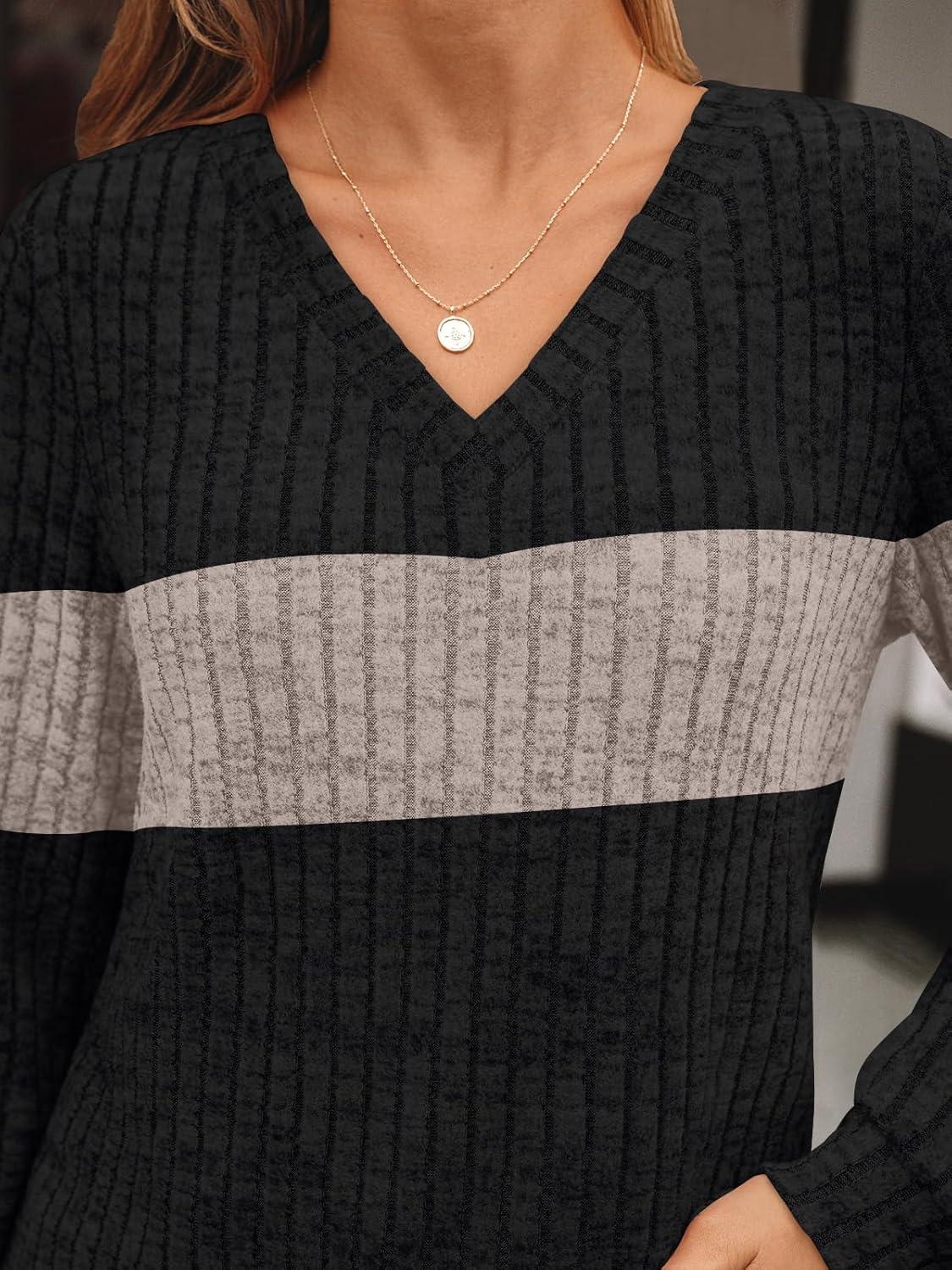 imageAUTOMET Womens V Neck Long Sleeve Shirt Fall Fashion Tops Tunic Dressy Casual Sweater Clothes Cute Trendy Work Outfits 2025Black Coffee Block