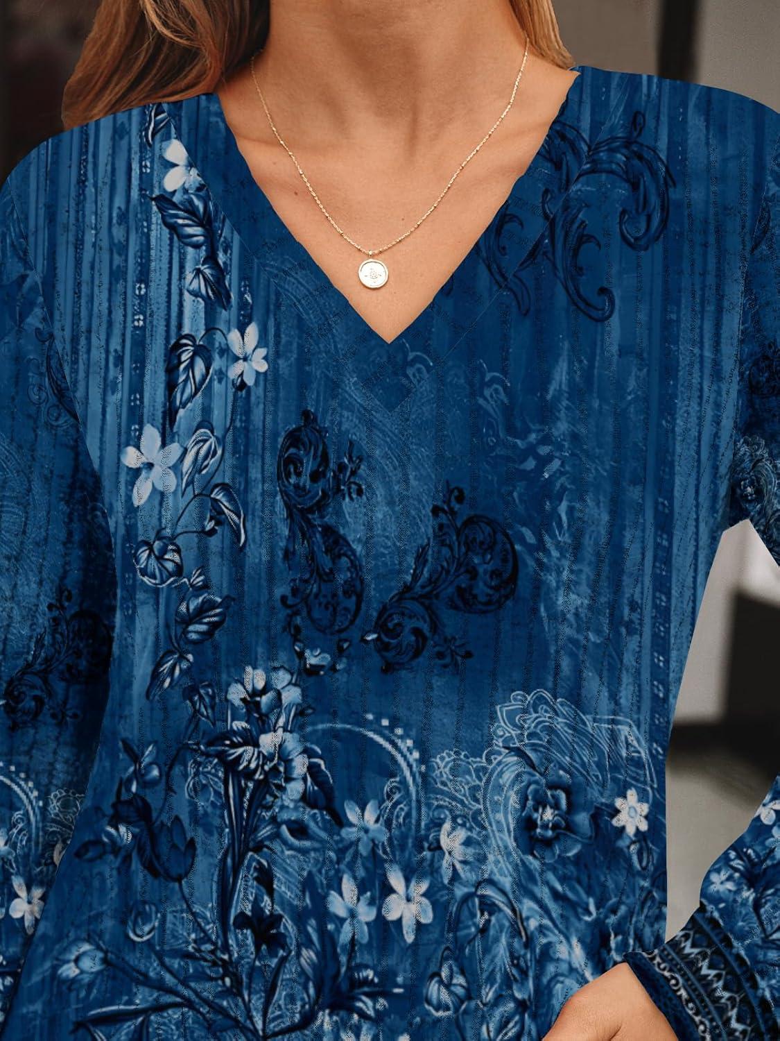 imageAUTOMET Womens V Neck Long Sleeve Shirt Fall Fashion Tops Tunic Dressy Casual Sweater Clothes Cute Trendy Work Outfits 2025Bohoflowerblue