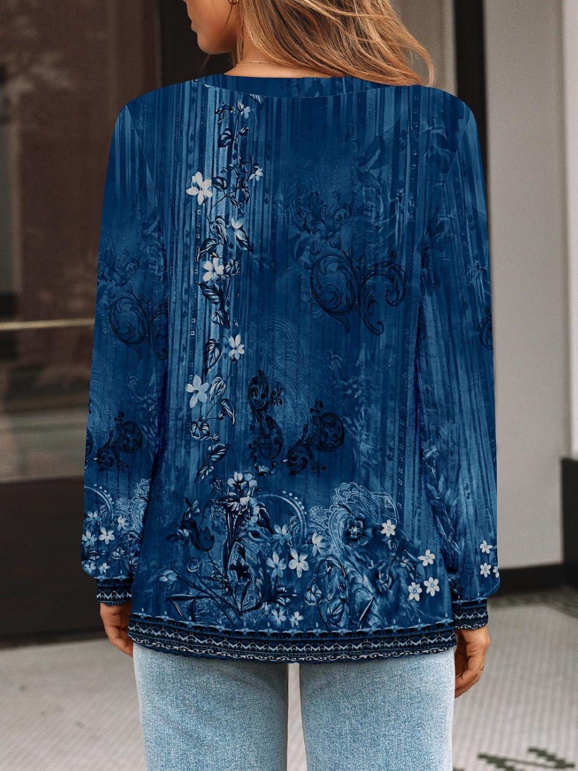 imageAUTOMET Womens V Neck Long Sleeve Shirt Fall Fashion Tops Tunic Dressy Casual Sweater Clothes Cute Trendy Work Outfits 2025Bohoflowerblue