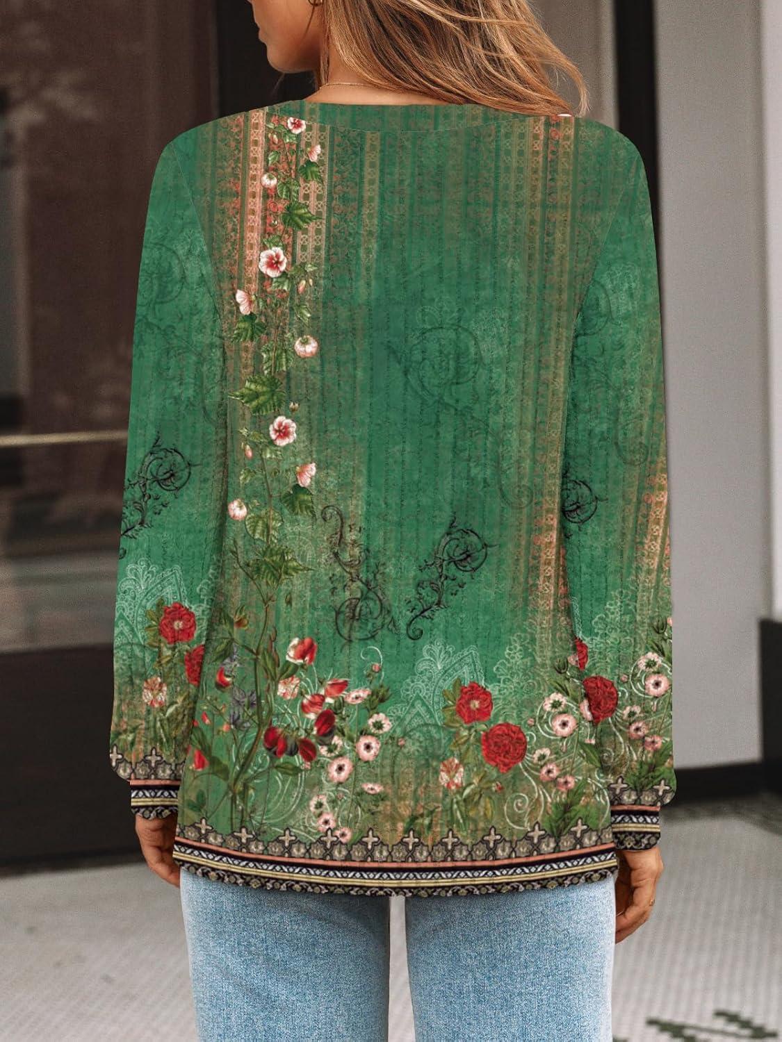 imageAUTOMET Womens V Neck Long Sleeve Shirt Fall Fashion Tops Tunic Dressy Casual Sweater Clothes Cute Trendy Work Outfits 2025Bohoflowergreen