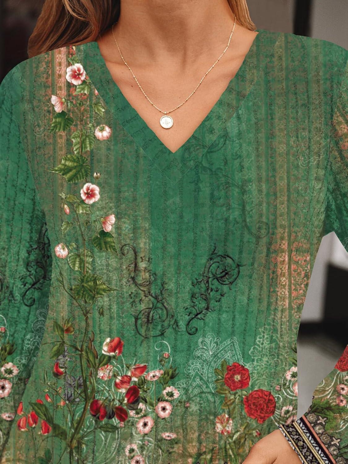 imageAUTOMET Womens V Neck Long Sleeve Shirt Fall Fashion Tops Tunic Dressy Casual Sweater Clothes Cute Trendy Work Outfits 2025Bohoflowergreen