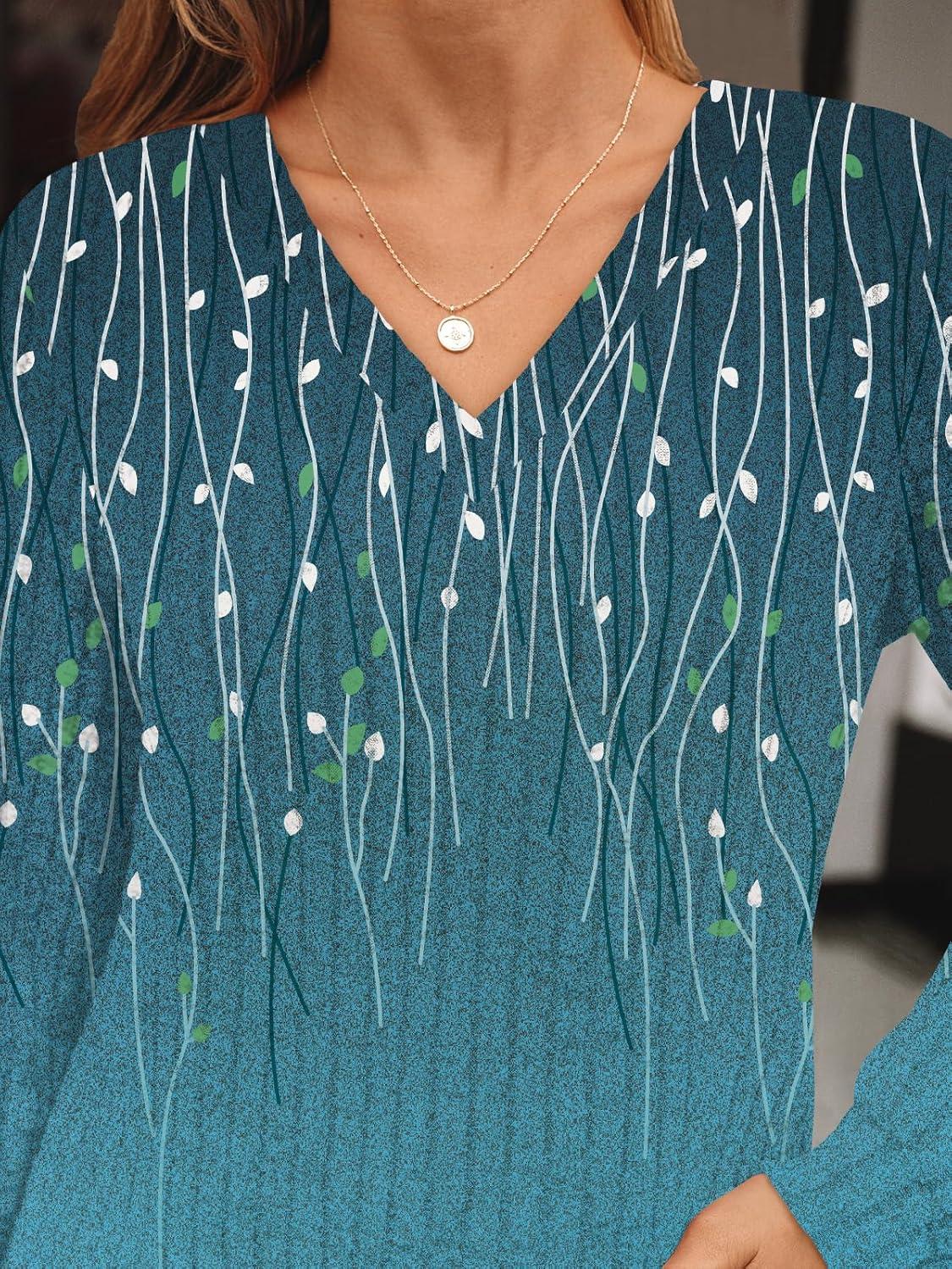 imageAUTOMET Womens V Neck Long Sleeve Shirt Fall Fashion Tops Tunic Dressy Casual Sweater Clothes Cute Trendy Work Outfits 2025Bohoflowerteal