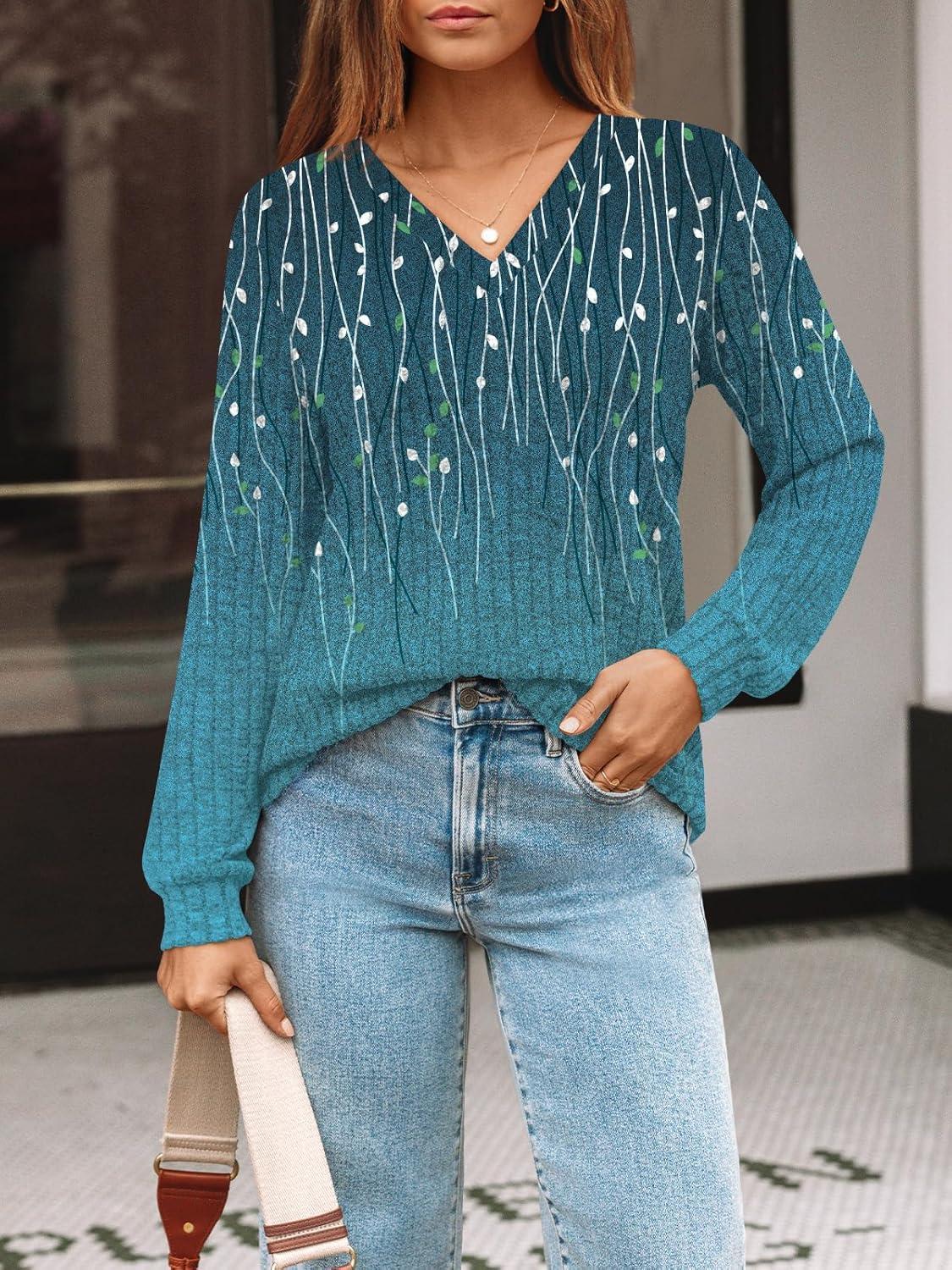 imageAUTOMET Womens V Neck Long Sleeve Shirt Fall Fashion Tops Tunic Dressy Casual Sweater Clothes Cute Trendy Work Outfits 2025Bohoflowerteal