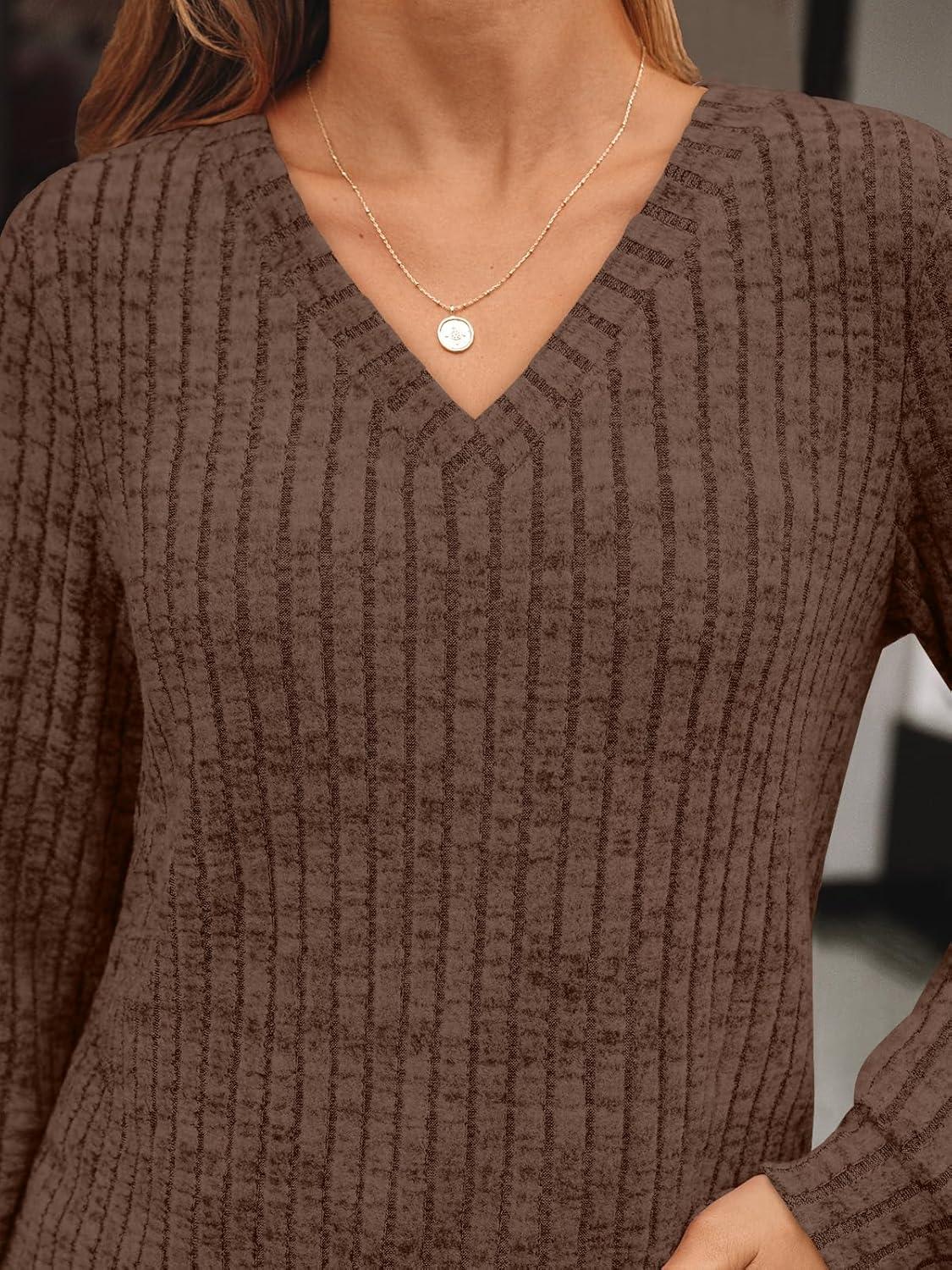 imageAUTOMET Womens V Neck Long Sleeve Shirt Fall Fashion Tops Tunic Dressy Casual Sweater Clothes Cute Trendy Work Outfits 2025Chocolatebrown