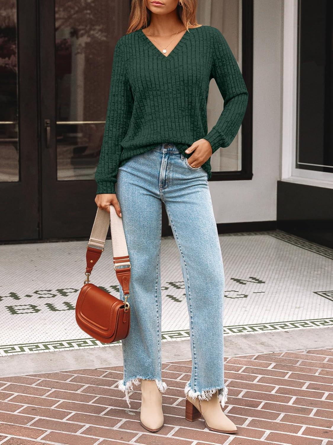 imageAUTOMET Womens V Neck Long Sleeve Shirt Fall Fashion Tops Tunic Dressy Casual Sweater Clothes Cute Trendy Work Outfits 2025Deepgreen