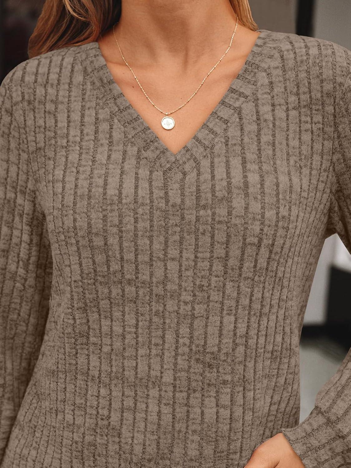 imageAUTOMET Womens V Neck Long Sleeve Shirt Fall Fashion Tops Tunic Dressy Casual Sweater Clothes Cute Trendy Work Outfits 2025Khaki