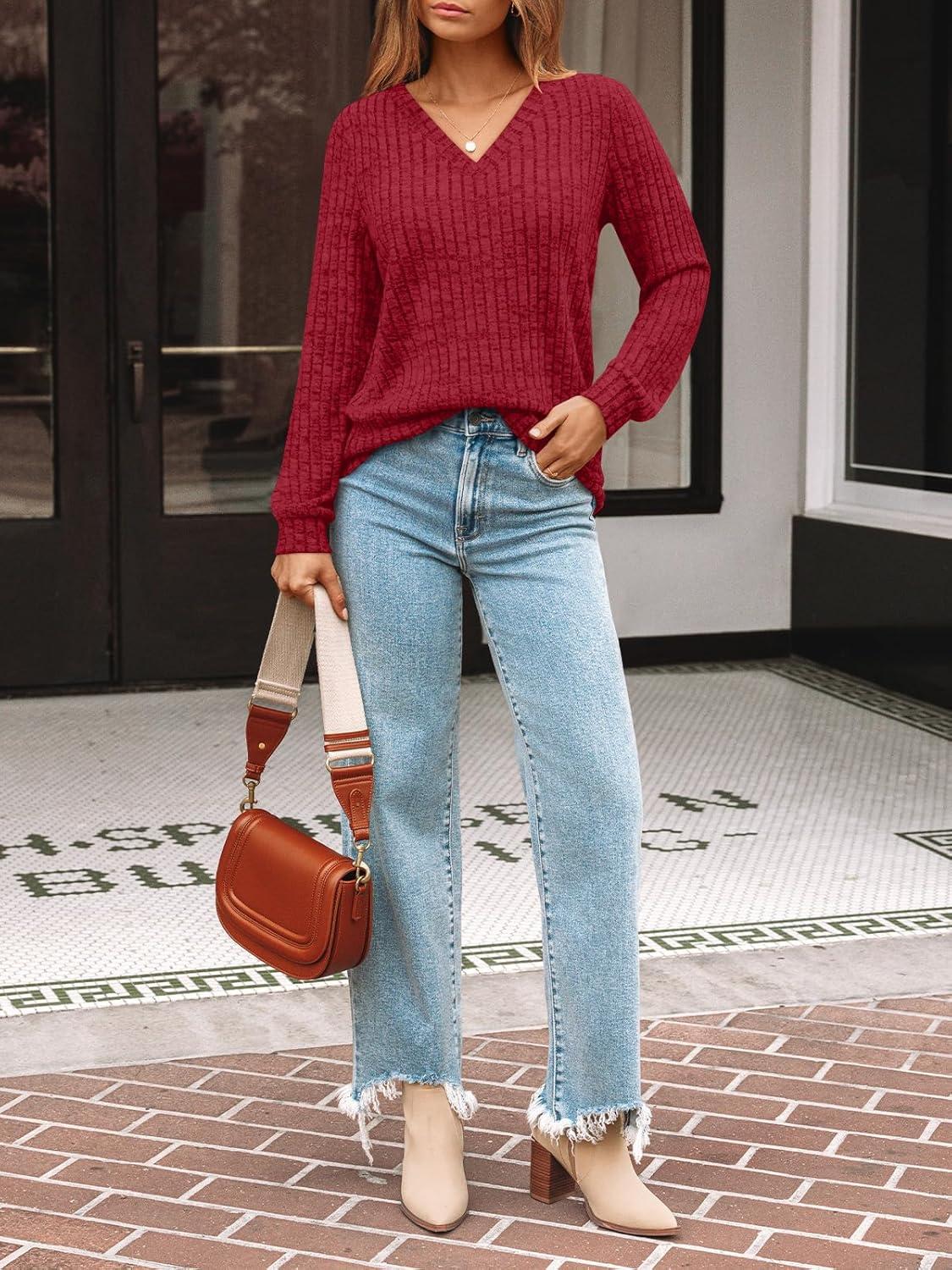 imageAUTOMET Womens V Neck Long Sleeve Shirt Fall Fashion Tops Tunic Dressy Casual Sweater Clothes Cute Trendy Work Outfits 2025Red