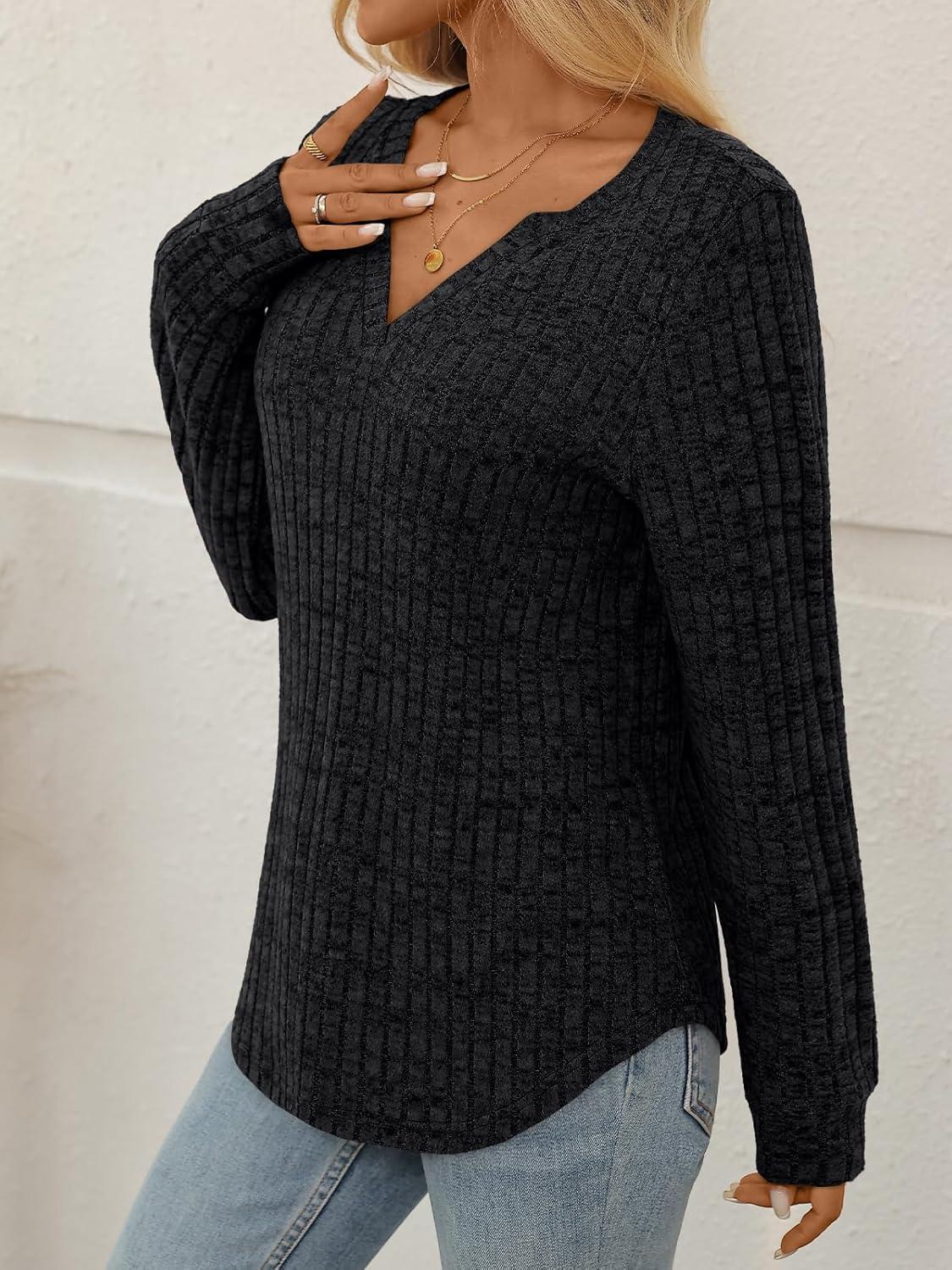 imageAUTOMET Womens V Neck Long Sleeve Shirts Casual Lightweight Tunic Sweaters Fall Fashion Tops Trendy Dressy Clothes 2025Black