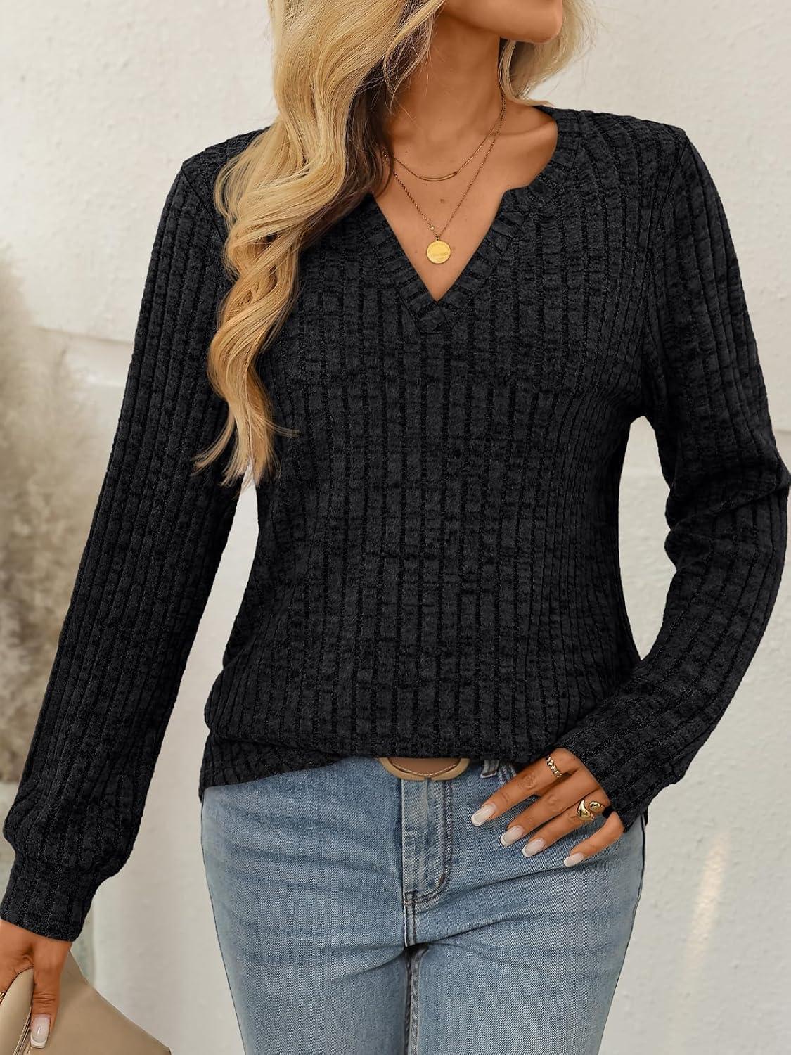 imageAUTOMET Womens V Neck Long Sleeve Shirts Casual Lightweight Tunic Sweaters Fall Fashion Tops Trendy Dressy Clothes 2025Black