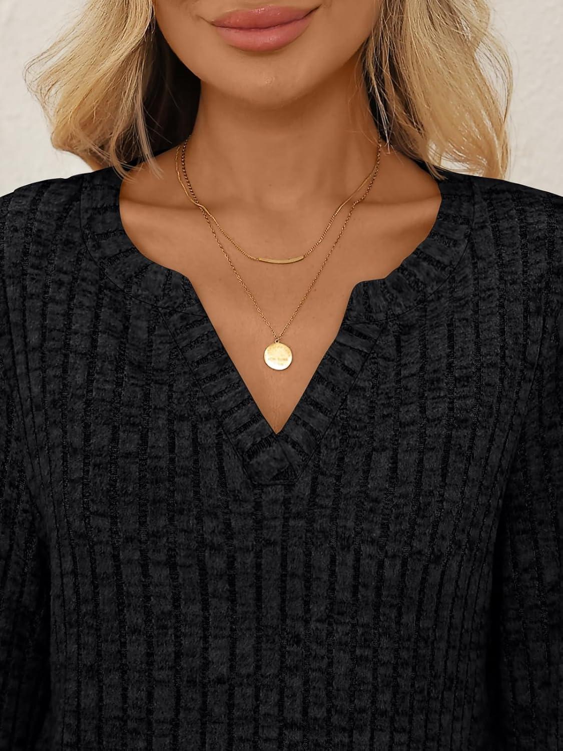 imageAUTOMET Womens V Neck Long Sleeve Shirts Casual Lightweight Tunic Sweaters Fall Fashion Tops Trendy Dressy Clothes 2025Black