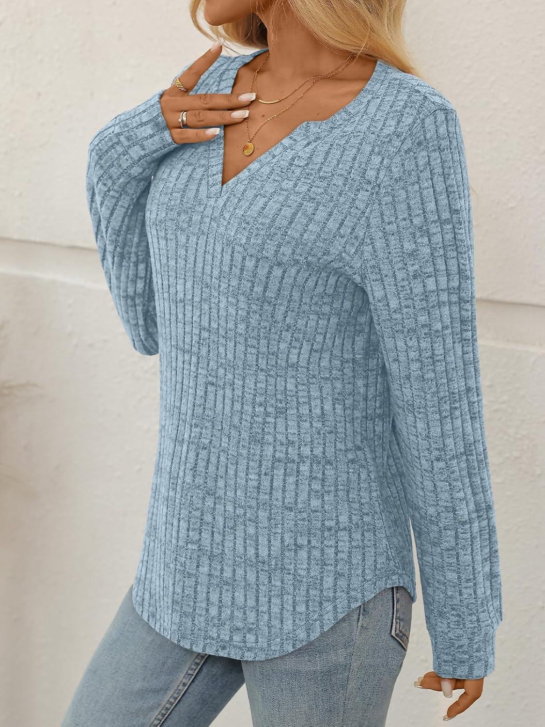 imageAUTOMET Womens V Neck Long Sleeve Shirts Casual Lightweight Tunic Sweaters Fall Fashion Tops Trendy Dressy Clothes 2025Blue