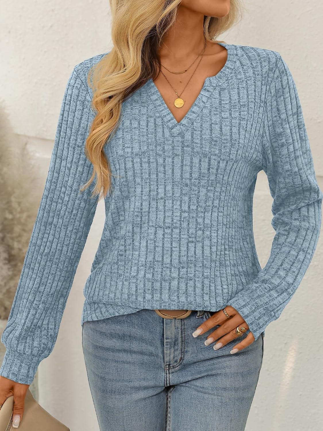 imageAUTOMET Womens V Neck Long Sleeve Shirts Casual Lightweight Tunic Sweaters Fall Fashion Tops Trendy Dressy Clothes 2025Blue