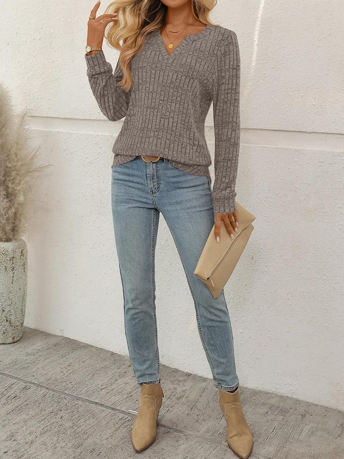 imageAUTOMET Womens V Neck Long Sleeve Shirts Casual Lightweight Tunic Sweaters Fall Fashion Tops Trendy Dressy Clothes 2025Coffee