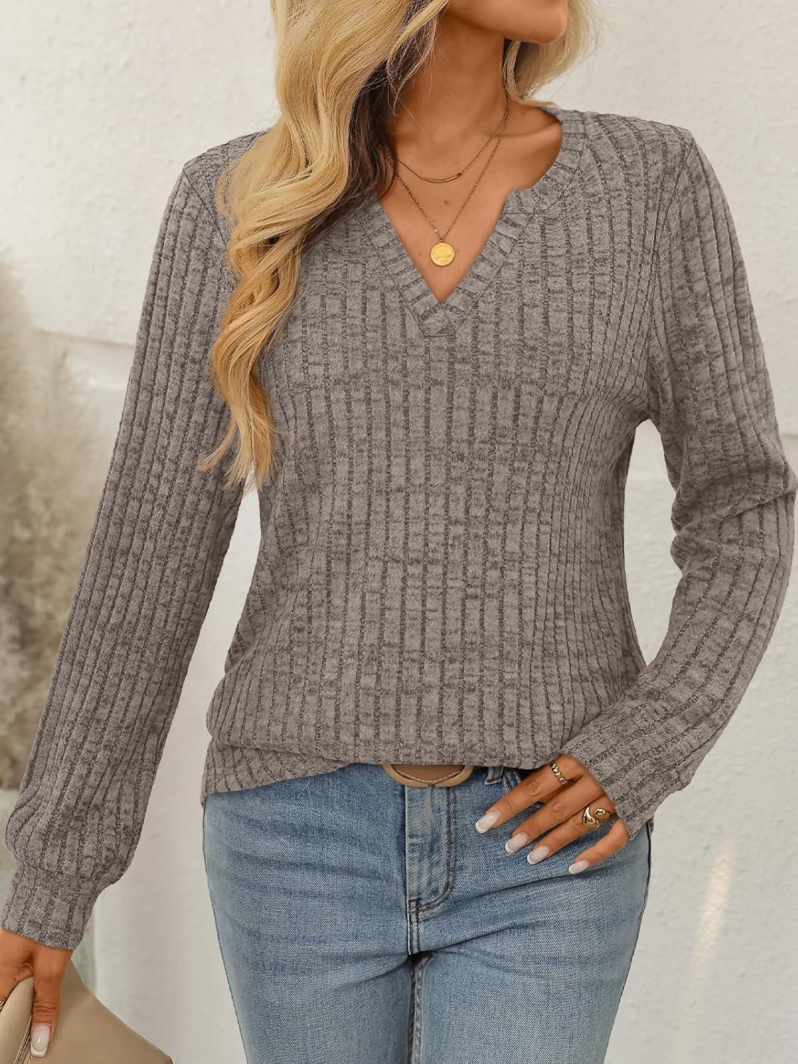 imageAUTOMET Womens V Neck Long Sleeve Shirts Casual Lightweight Tunic Sweaters Fall Fashion Tops Trendy Dressy Clothes 2025Coffee