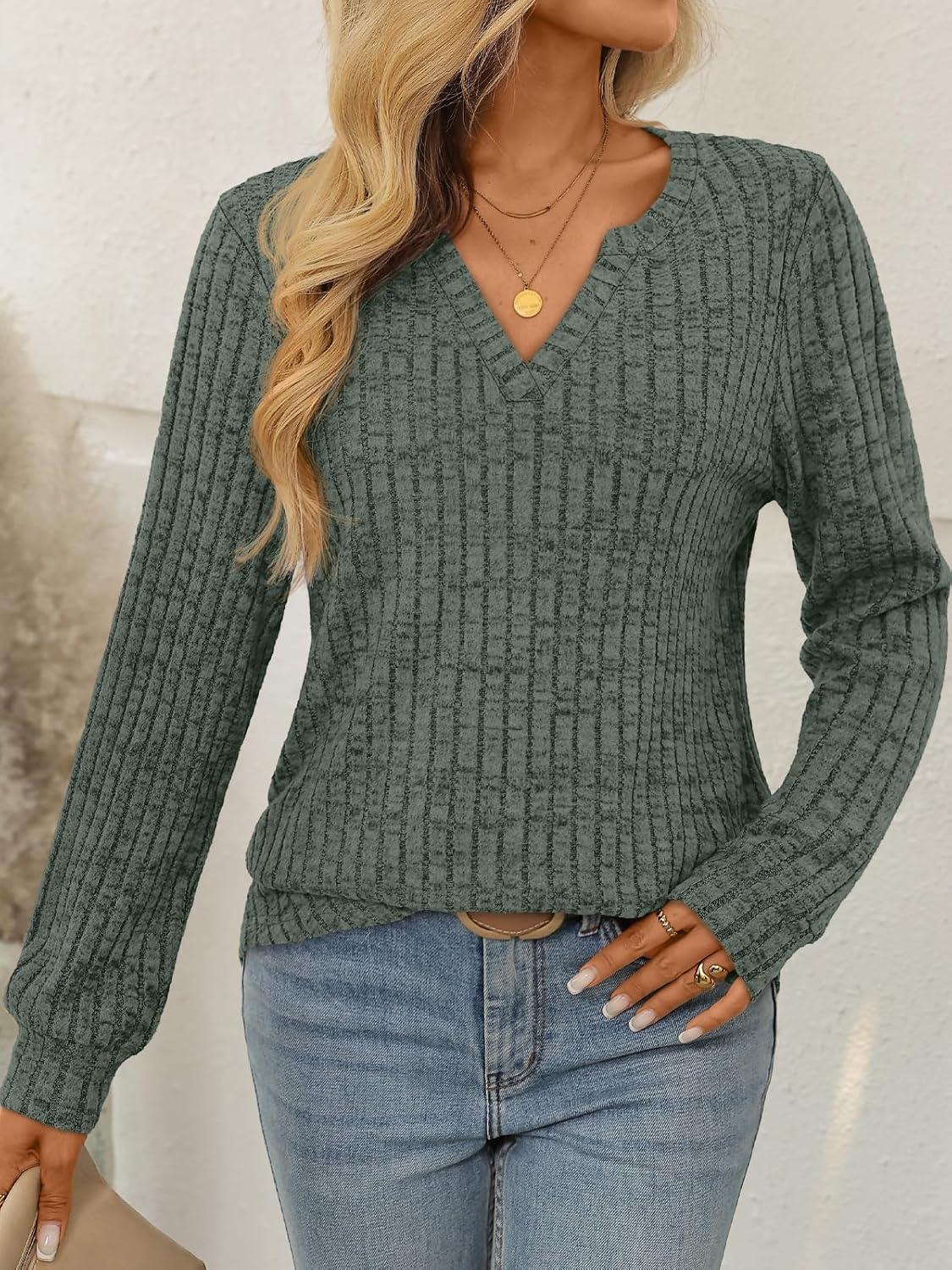 imageAUTOMET Womens V Neck Long Sleeve Shirts Casual Lightweight Tunic Sweaters Fall Fashion Tops Trendy Dressy Clothes 2025Green